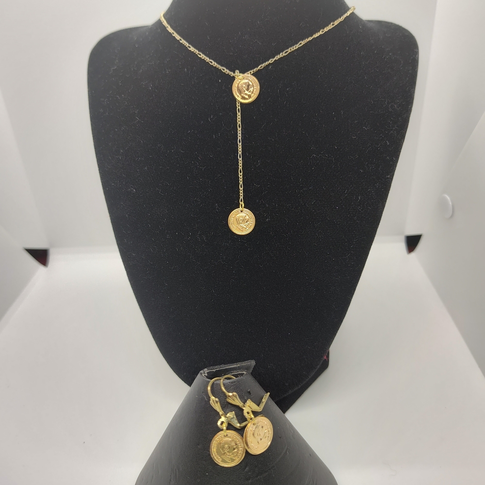 Elegant Gold Coin Plate Pendant Necklace and Earring Set